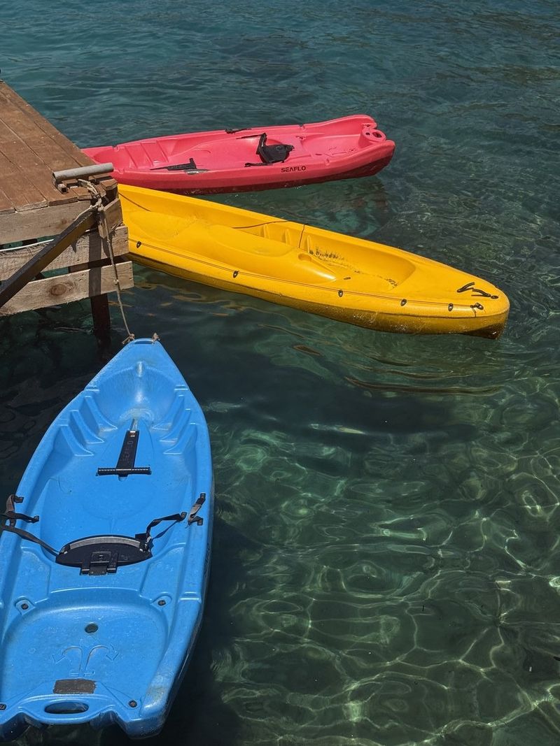 Red, yellow and blue kayaks tied up at a wooden jetty, floating on clear green water